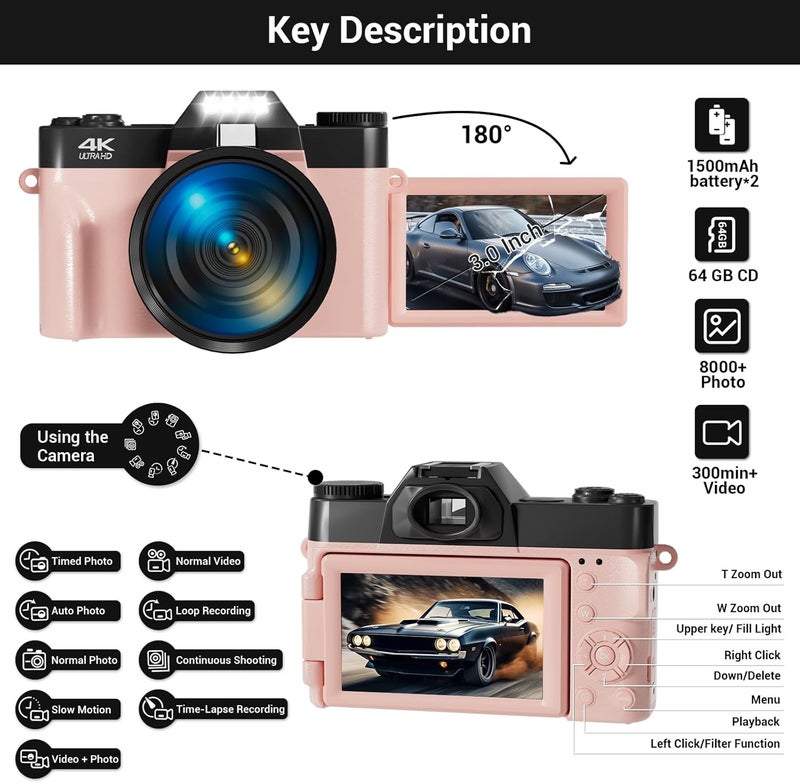 SMARTKLIK Store كاميرا رقمية، FHD 4K 75MP كاميرا فيديو للمدونات مع شاشة قابلة للطي 3'' 180°، بطاقة SD سعة 64GB، زوم رقمي 16x، بطاريتين، كاميرا رقمية للمبتدئين (وردي) - Image 4